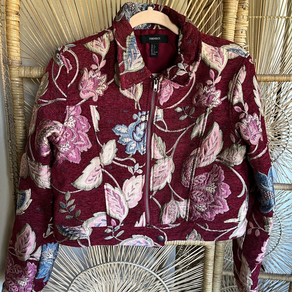 Forever 21 floral embroidered maroon bomber jacket